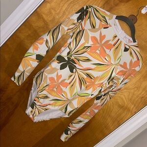 NWOT Roxy Floral Long Sleeve One Piece rashguard Swimsuit/Orange, Green, White